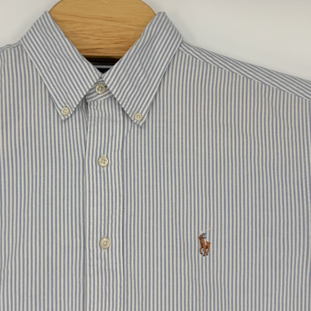 Ralph Lauren Button Down Men 16.5 Large Blue White Striped Classic Fit Prep Pony